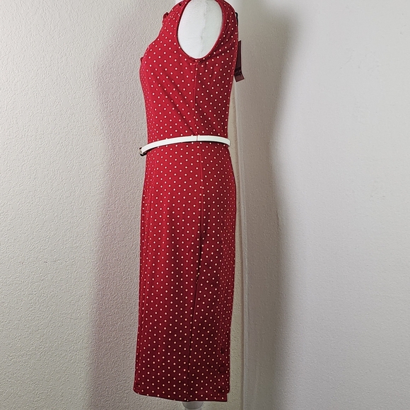 Unique Vintage Red and White Pencil Wiggle Cut Out Midi Dress W Belt SZ L Pin Up - Picture 6 of 15